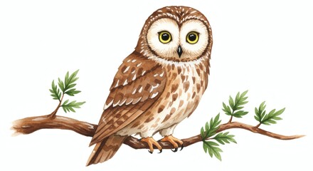 Naklejka premium Brown owl perched on leafy branch