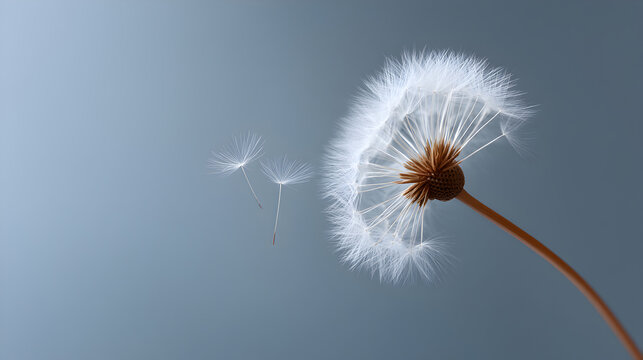 Delicate dandelion seeds floating weightlessly, dispersing across soft blue sky, symbolizing gentle freedom and natural beauty's ephemeral wonder