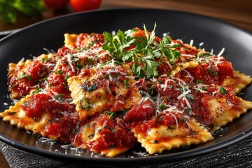 Ravioli with Tomato Sauce and Parmesan Cheese on Black Plate