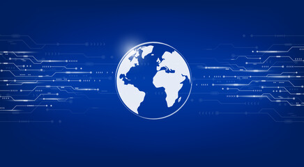 Global network background with world map and circuit board elements. Ideal for internet, global communication, digital technology, data transfer, and futuristic tech presentations. Vector design.