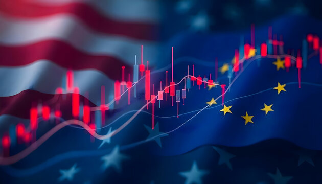 Global Finance: USA and European Flags with Trading Charts