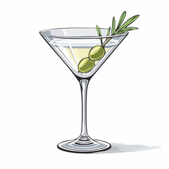 Classic Martini: A sophisticated illustration captures a classic martini, complete with olives and a sprig of rosemary, evoking a sense of timeless elegance and cocktail culture.