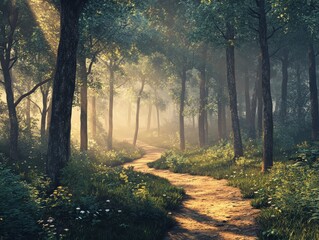 Naklejka premium Serene forest path illuminated by soft sunlight.
