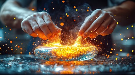 Glassblowing workshop with molten glass being shaped by skilled hands, sparks flying and colors swirling, a display of artistic craftsmanship