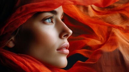 A woman with a red scarf draped over her face