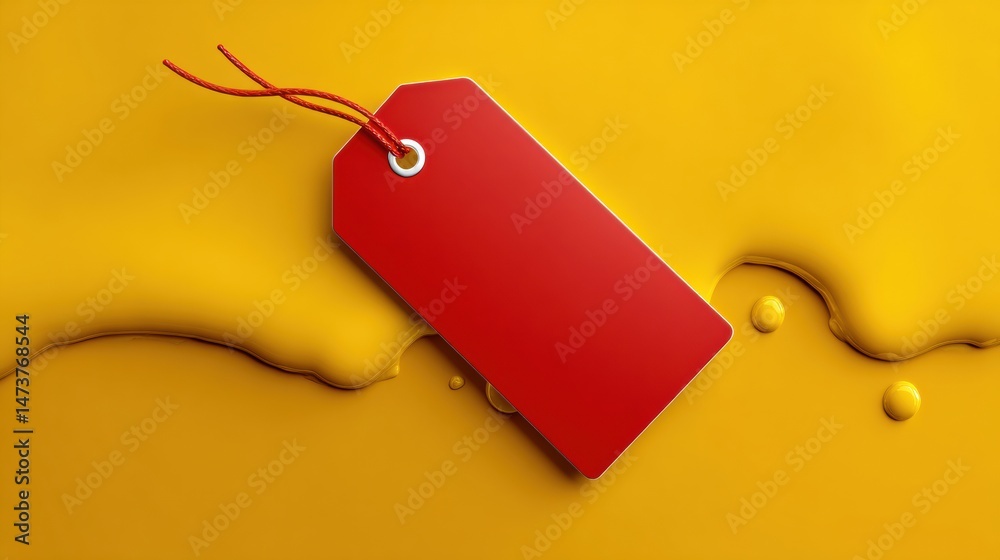 Fototapete Glossy Red Price Tag Resting on a Vibrant Yellow Abstract Shape, Creating a Bold Visual Contrast in a Simple Layout