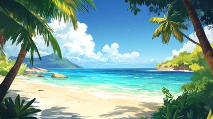 Obraz premium A serene beach scene features palm trees swaying against a backdrop of a vibrant blue ocean. It’s a classic tropical paradise.