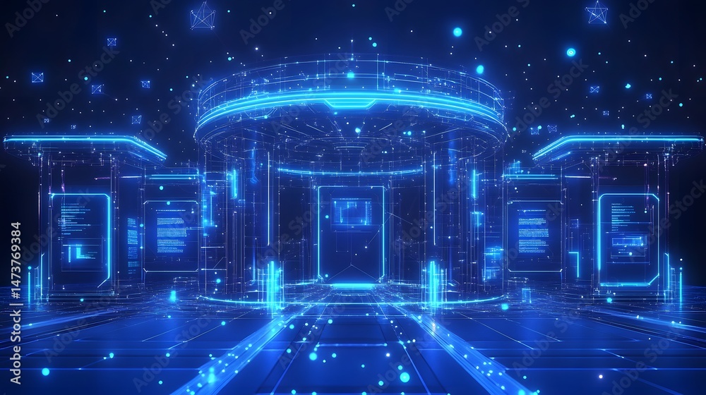 Poster futuristic digital landscape featuring a central glowing structure and surrounding terminals, evokin