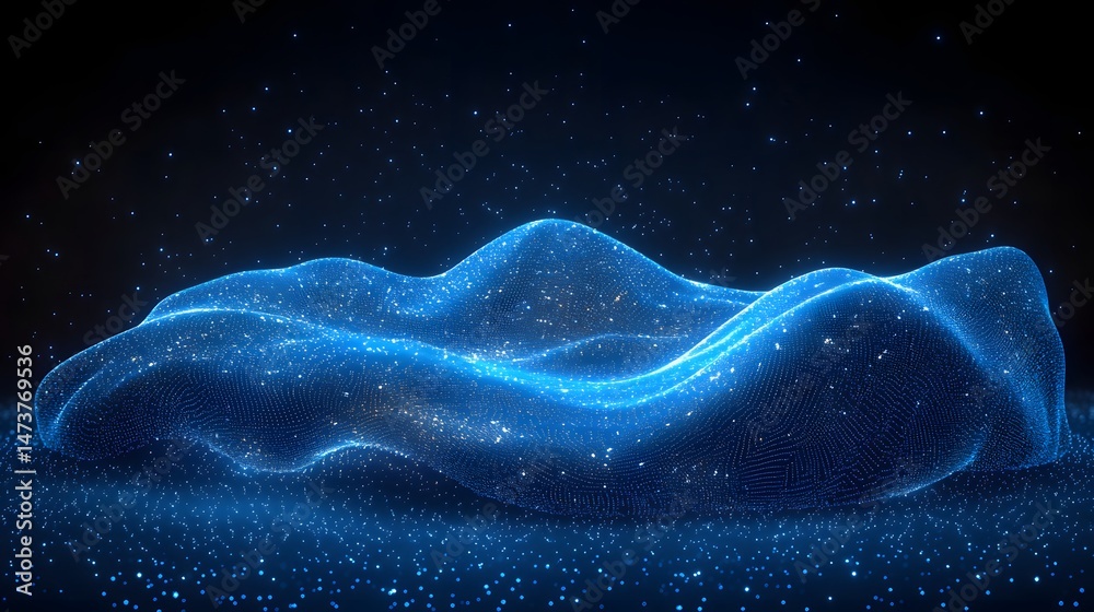 Poster Luminous blue particles weave an intricate net, forming a mountainous landscape against a starry void. Glowing depth creates a mesmerizing, abstract scene. Abstract wireframe in dark blue.