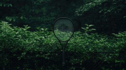 A black tennis racket with a green net hangs on a black chain link fence.