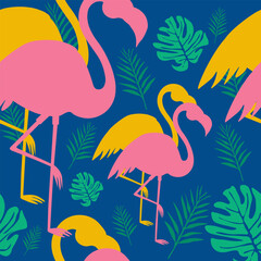 Bright summer seamless pattern with pink and yellow flamingos and tropical leaves