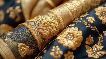 Golden embroidery adorns a luxurious silk garment, its intricate designs reflecting cultural heritage and skilled artistry in a display of opulence and elegance