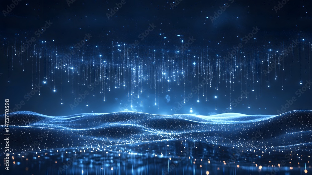 Poster ethereal landscape with sparkling lights and reflective waves creates a magical, dreamy scene. perfe