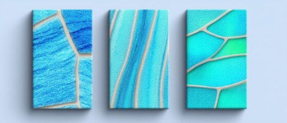 Triptych of Abstract Mosaic Art in Blue Green Hues Gallery Wall Decor Aesthetic