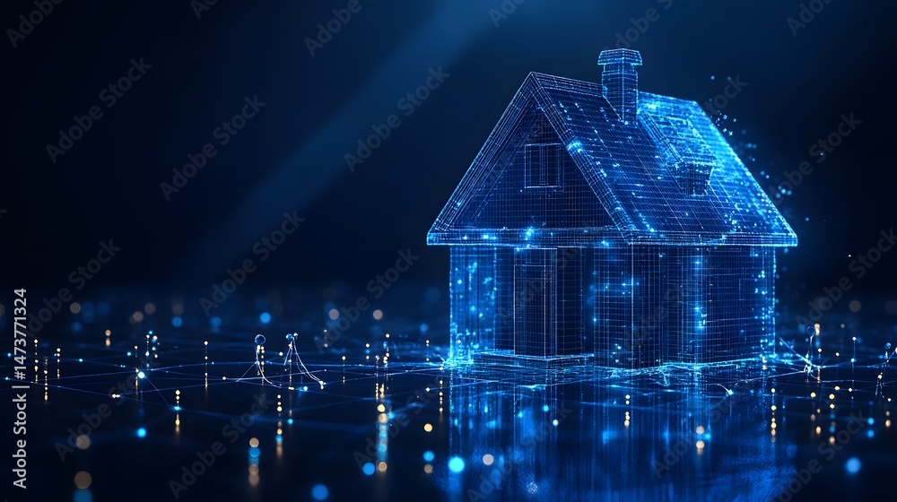 Fototapete Digital blueprint of a modern home. A floating wireframe house design with glowing lines showcases futuristic architecture. Network nodes suggest connectivity. Abstract wireframe in dark blue.