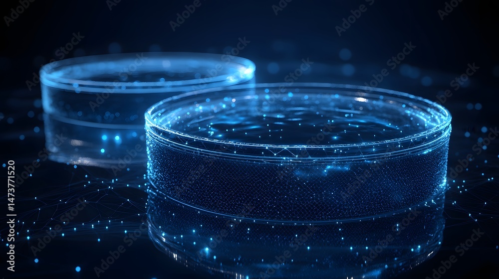Leinwandbilder futuristic petri dishes glow with blue light, simulating water and networks. reflections amplify the