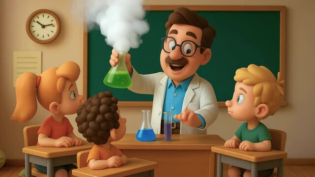 Teacher demonstrates chemical experiment to students at school. 3D Cartoon style AI generative
