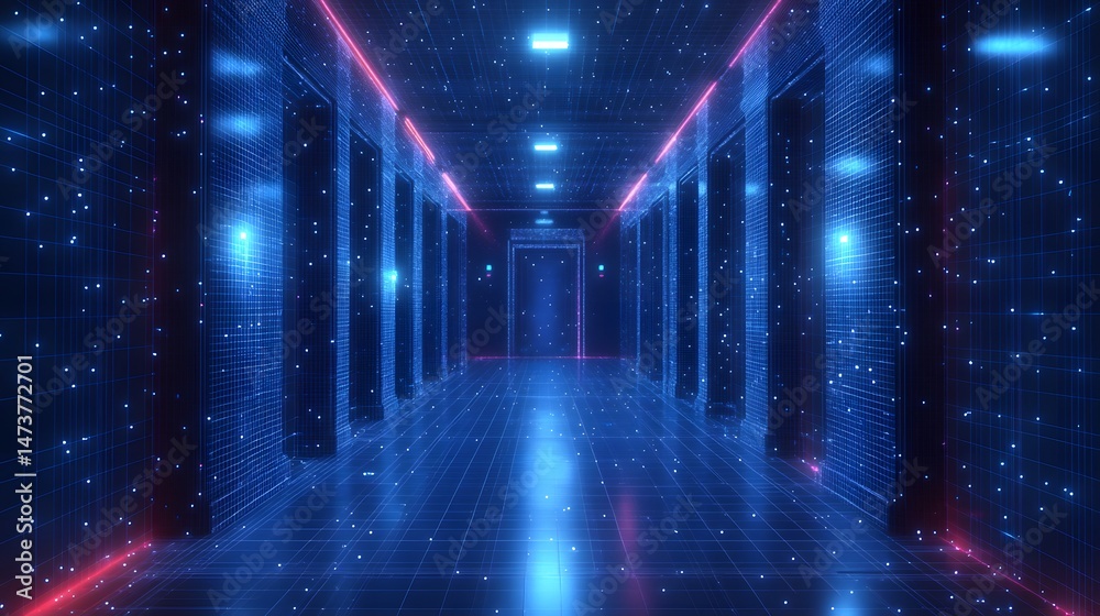 Aufkleber futuristic hallway with grid pattern and glowing blue lights evokes a sense of digital space and vir
