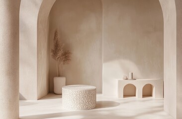 Sunlit minimalist room with arches, textured cylinder, pampas grass, and subtle details
