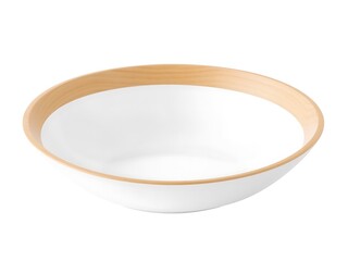 Empty White Ceramic Bowl with Light Brown Wooden Rim