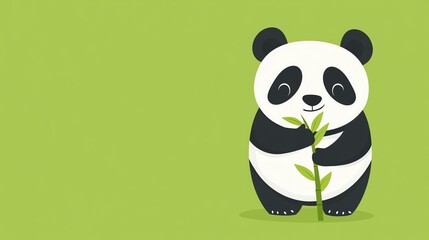 Fototapeta premium A panda bear is playfully holding a bamboo plant. It’s a classic image of the beloved bear enjoying its favorite food.