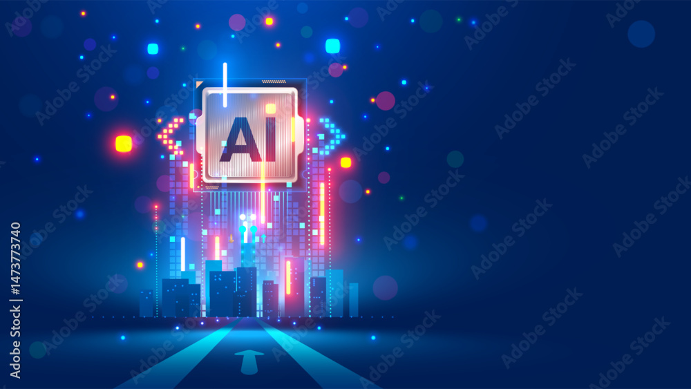 Aufkleber Processor with integration AI. AI Letters on chip. CPU connected to data storage. Artificial intelligence technology in electronic chip. Data processing by artificial intelligence chip. AI hardware.