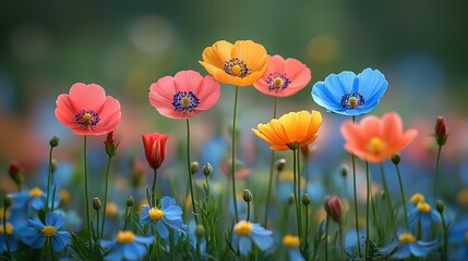 Obraz premium Golden pollen drifts on the gentle breeze, carried from one vibrant bloom to another, a silent exchange that ensures the continuation of life in the meadow