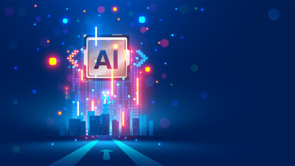 Processor with integration AI. AI Letters on chip. CPU connected to data storage. Artificial intelligence technology in electronic chip. Data processing by artificial intelligence chip. AI hardware.