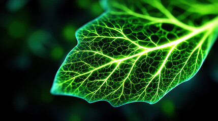 Glowing green leaf with detailed veins and vibrant network pattern, closeup showing natural texture and intricate structure in bright light against dark background