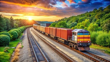 Fototapeta premium Freight train transporting cargo containers through a scenic landscape during a golden sunset