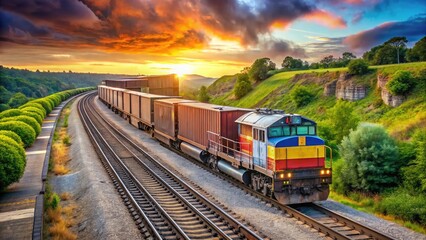 Fototapeta premium A freight train travels along tracks through a lush green countryside at sunset