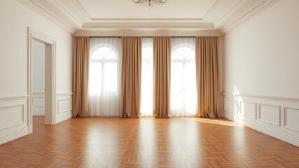 Sunlit Empty Room with Elegant Hardwood Floors and Beige Curtains