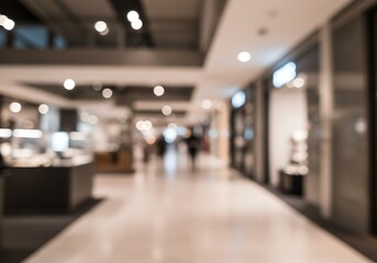 A blurred view of a shopping mall interior features a bokeh effect from storefront lights, indistinct figures walking, and a muted color palette in a generic retail environment