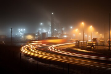 Fototapeta premium Long Exposure of Trucks Creating Light Trails Around Industrial Plant at Night with Foggy Smog