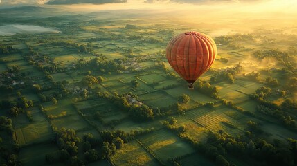 Obraz premium Hot air balloon drifting lazily across a patchwork of green fields, viewed from a bird's-eye perspective, a sense of freedom and adventure