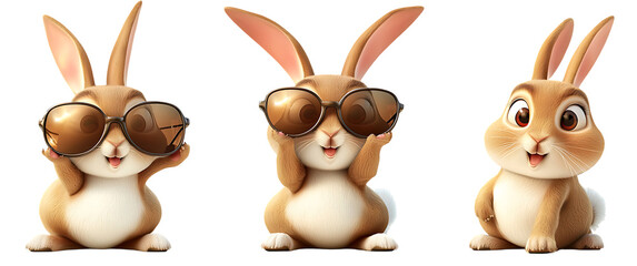 Rabbit in sunglasses set isolated on transparent background. PNG. Generated AI