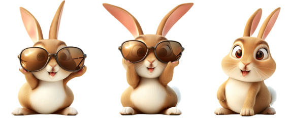 Rabbit in sunglasses set isolated on transparent background. PNG. Generated AI
