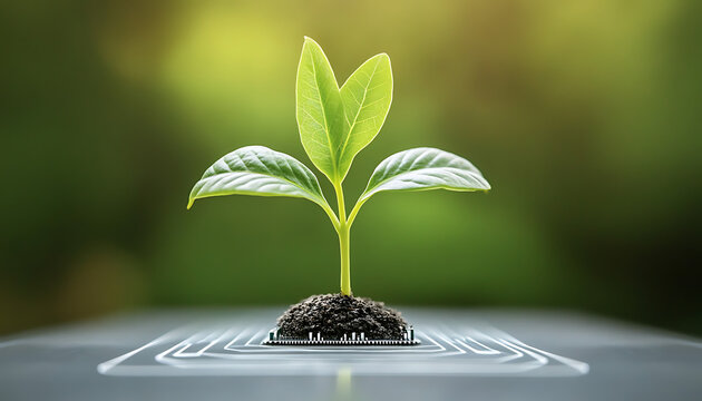 Green sprout growing on tech chip.