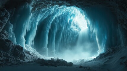 Ice caves with intricate formations and blue light, frozen waterfalls create stunning sculptures, the air is crisp and cold, a hidden world of glacial beauty