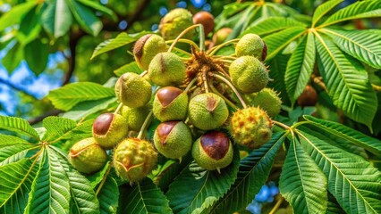 Close up of horse chestnut tree with ripe conkers and green spiky husks in sunlight.