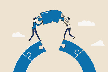 Business teamwork and partnership help to achieve team success, think together to solve business problem, business connection concept, businessmen working team building connect jigsaw puzzle bridge.