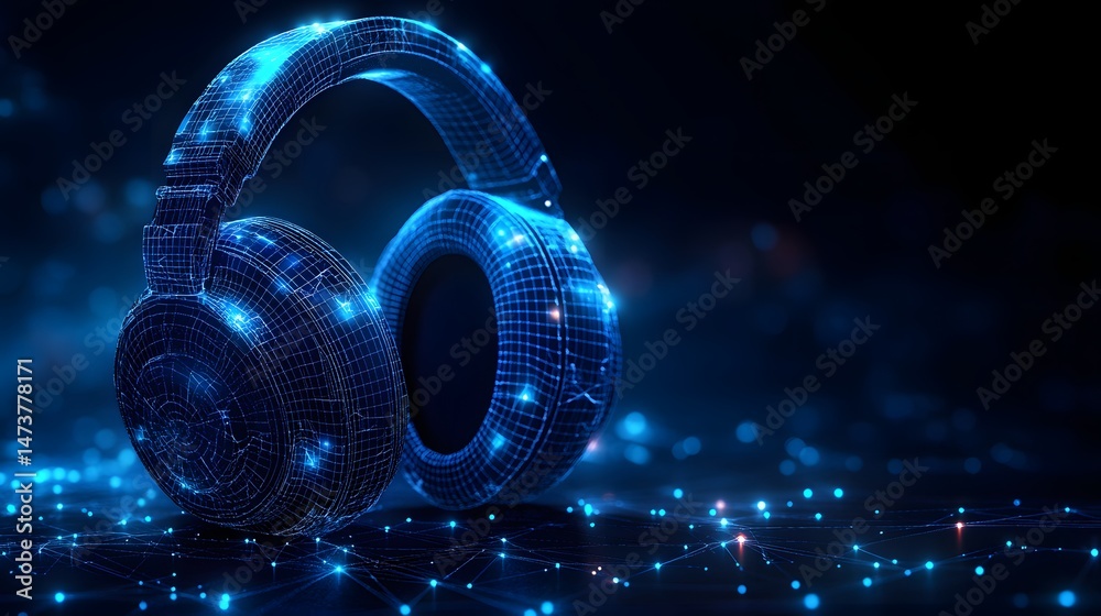 Aufkleber wireframe headphones glow with electric blue, resting above a connected network of dots and lines. b