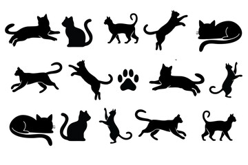 Set black silhouette vector illustration of playful cats and paw prints on a white background. Perfect for pet-themed designs, fabric prints, packaging, and minimalist artwork.