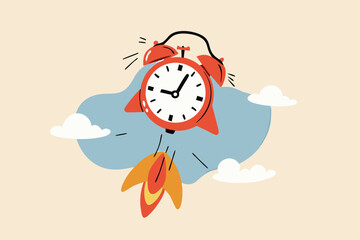 Time to start new business, entrepreneurship to launch project or time management concept, ringing alarm clock with rocket booster successfully launching high into the sky.