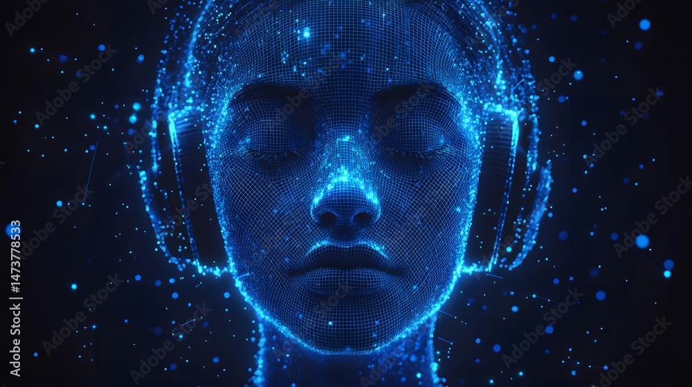 Aufkleber futuristic human face with headphones rendered in glowing blue wireframe. digital representation evo