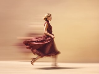 Fototapeta premium Supermodel mid-step in soft motion blur, time passing, isolated on warm sand background