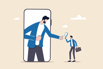 KYC, Know your customer process to identify user in online banking, cryptocurrency trading or cyber transaction concept, businessman using magnifying glass to analyze, identify user on smartphone app.