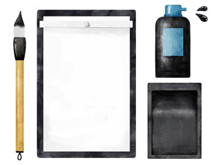 水彩画風の書道の道具セット