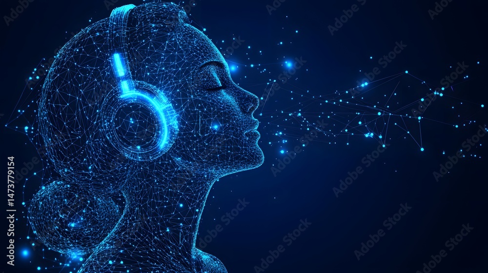 Fototapete futuristic profile of a woman with headphones, depicted in a wireframe style using interconnected bl