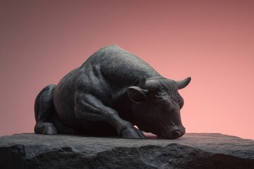 Dark sculpture of a bull in a dramatic setting.